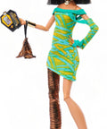 Cleo De Nile Fashion Figure Featuring A Chic Asymmetric Wrap Dress And Bold Over The Shoulder Neckline Perfect For Nightclub Parties, showcasing vibrant dress and metallic tights.