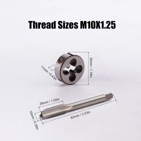 Durable M10 X 1.25 Tap And Die Set For Right Hand Threads In High Speed Steel HSS6542 with dimensions shown