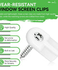 Slick Flush Mount Window Screen Clips With Flat Head Screws No Sweat Replacement Hardware For Storm Doors Super Tough White L5766 Design, showing white clip and metal screw.