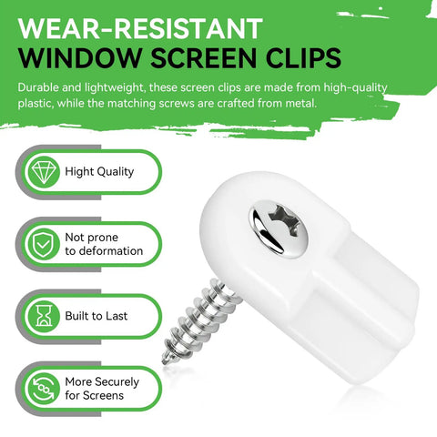Slick Flush Mount Window Screen Clips With Flat Head Screws No Sweat Replacement Hardware For Storm Doors Super Tough White L5766 Design, showing white clip and metal screw.