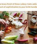 Person chopping vegetables on a board with Brass Knife Handle Rivets 25 Piece Set for Knife Making High Strength 5/16 by 1/2 Inch Pins.