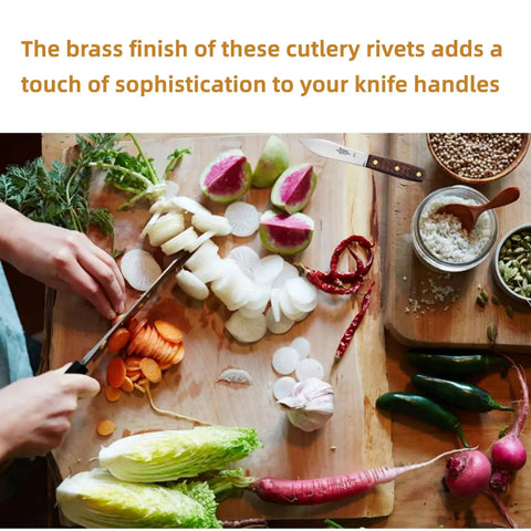 Person chopping vegetables on a board with Brass Knife Handle Rivets 25 Piece Set for Knife Making High Strength 5/16 by 1/2 Inch Pins.