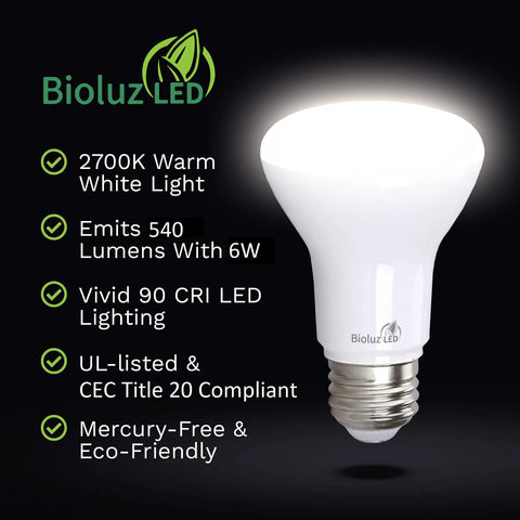 LED BR20 Light Bulbs 2700K Warm White Dimmable 6W 50W Replacement with 540 Lumens, UL Listed, CEC Title 20 Compliant