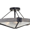 Valencia 16 Inch Three Light Modern Farmhouse Semi Flush Ceiling Light With Textured Glass Shade In Black And Gray Oak Finish