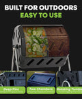Canadian Made 37 Gallon Dual Chamber Tumbling Composter With 100 Percent Recycled Resin Eco Friendly Outdoor Rotating Bin For Garden Kitchen And Yard Waste Black Finish showcasing two separate chambers with compost inside.