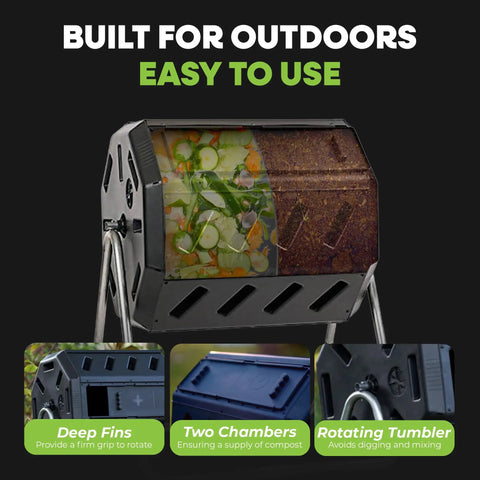 Canadian Made 37 Gallon Dual Chamber Tumbling Composter With 100 Percent Recycled Resin Eco Friendly Outdoor Rotating Bin For Garden Kitchen And Yard Waste Black Finish showcasing two separate chambers with compost inside.