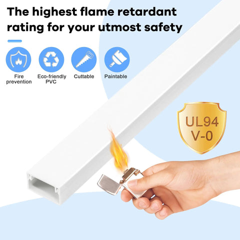 126 Inch Cord Hider Kit For TV Wall Mounts And Home Offices with flame retardant PVC shown with safety icons and UL94 V-0 rating