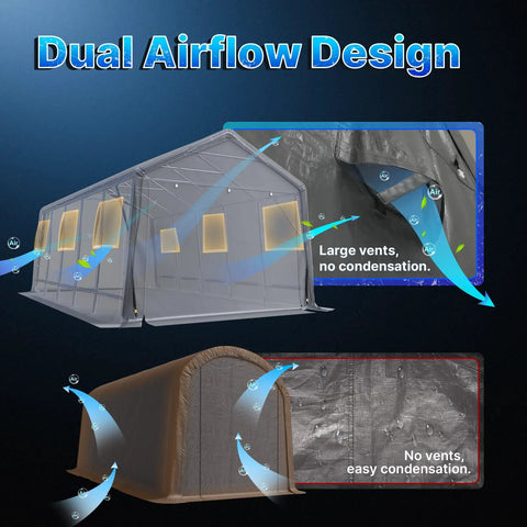 13x20 Ft Carport Tent With 2 Roll Up Doors And Vents, showing dual airflow design for condensation prevention