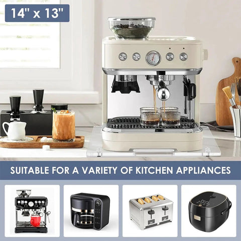 Smooth Operator Coffee Tray With Comfortable Pull Handle And Sturdy Rubber Wheel Base For Countertop Espresso Bar No Sweat Rolling Platform Easy Reach Counter Upgrade with espresso maker on kitchen counter.