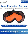 Over Glasses Laser Safety Goggles For 190nm To 550nm Wavelengths Including 355nm 405nm 450nm 473nm 532nm OD6 Blue Green Wraparound Protection Anti Scratches CE Certified, orange lens goggles focusing on laser protection.