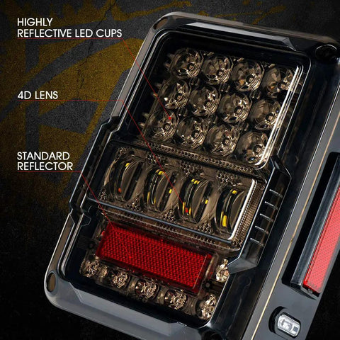 Close-up of 4D Smoked LED Tail Lights For 2007 To 2018 Jeep Wrangler JK JKU Plug And Play Rear Taillights With Built In Resistors