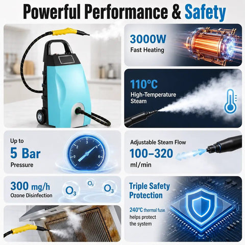Powerful 3000W Portable High Pressure Steam Cleaner With 3.5L Tank displaying features like 110°C steam and adjustable flow.