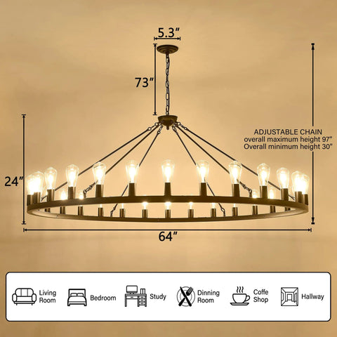 Massive Black Wagon Wheel Chandelier, 64 Inch, 30-Light Farmhouse Round Industrial Ceiling Light Fixture measurements and room icons