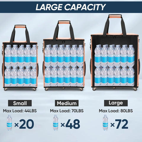 Reusable Grocery Bags On Wheels Rolling Tote Bag With Large Capacity And Durable Double Layer PP Material For Easy Cleaning Includes Standalone Trolley Backpack Style Carts For Groceries 16 By 11.5 By 23.5 Inches Black showing water bottle capacity