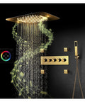Top Shelf Thermostatic Shower System With Bumpin Bluetooth Music And Lit 64 Color LED Display Concealed PVD Gold Trim Kit featuring LED rainfall and brass controls.