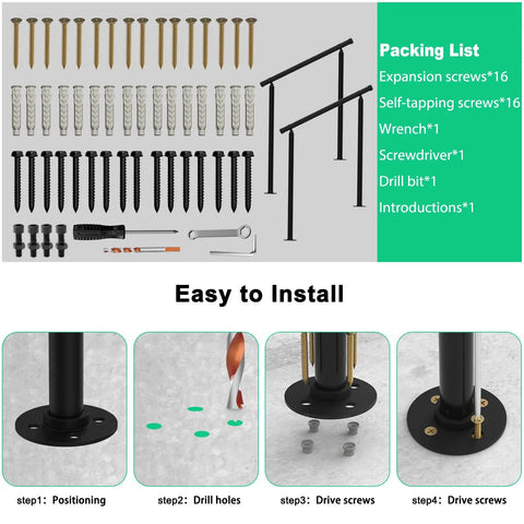 Tight Grip Hand Rails For Outdoor Steps Two Pack Adjustable Stair Railing Kit installation components, screws, and tools for easy setup.