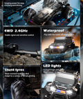 Amphibious Remote Control Car Waterproof Beast RC Vehicle 4WD All Terrain Off Road Stunt Toy With 2.4 GHz LED Lights Features Display