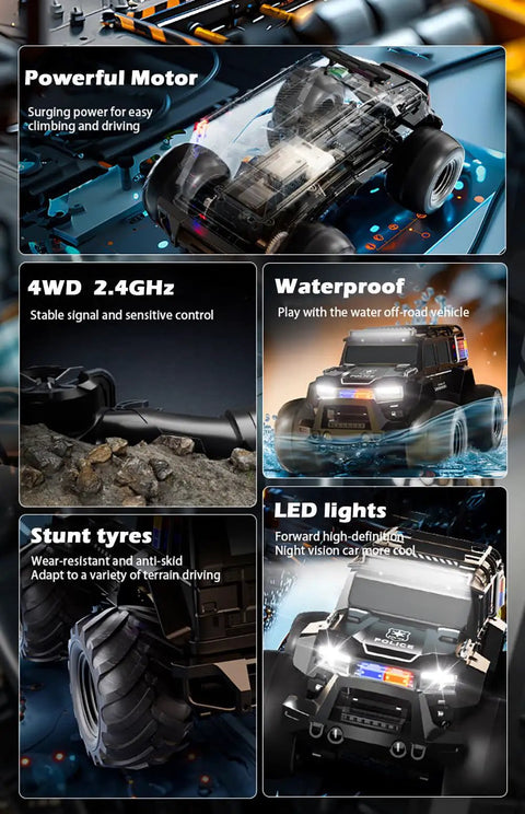 Amphibious Remote Control Car Waterproof Beast RC Vehicle 4WD All Terrain Off Road Stunt Toy With 2.4 GHz LED Lights Features Display