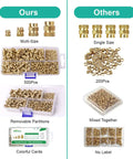 Comparison of 500 Pieces Heat Set Threaded Inserts Kit With Brass Knurled Nuts M2 M3 M4 M5 For Plastic And 3D Printing Projects Compatible With PLA ABS PETG Durable And Corrosion Resistant showing multi-size kit with partitioned box versus single size mix in unlabelled box on right.