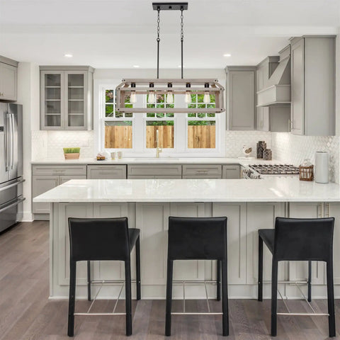 Issac 34 Inch Five Light Farmhouse Island Light In Smoked Birch Finish above modern kitchen island with neutral decor