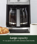 Front view of 14 Cup Programmable Coffee Maker With PerfecTemp Keeps Coffee Hot And Flavorful Brew Strength Control, glass carafe, stainless steel.