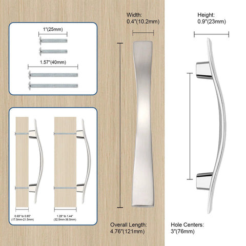 Dimensions and specifications of 25 Pack Cabinet Handles With 3 Inch Hole Centers Bridge Design Shiny Nickel Zinc Alloy Drawer Pulls.