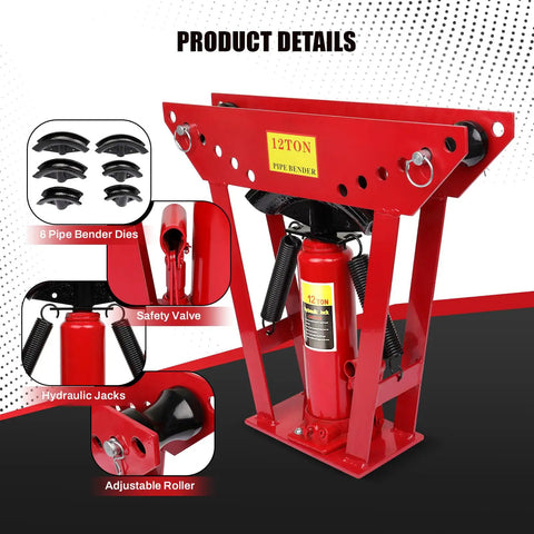 Heavy Duty 12 Ton Manual Hydraulic Pipe Bender For Copper Steel Tubing, showing 6 dies and adjustable roller.