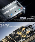 Close-up of Nexus XR Helicopter Flight Controller showing CNC aluminum case and integrated dual SX1281 transceivers