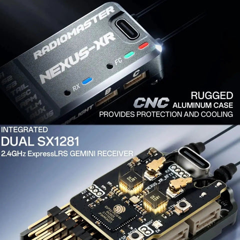 Close-up of Nexus XR Helicopter Flight Controller showing CNC aluminum case and integrated dual SX1281 transceivers
