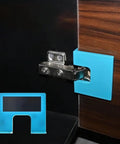 Magnetic Hinge Alignment Tool Set For Quick Door Installation And Precise Hinge Cutting, blue plastic jig on wood surface