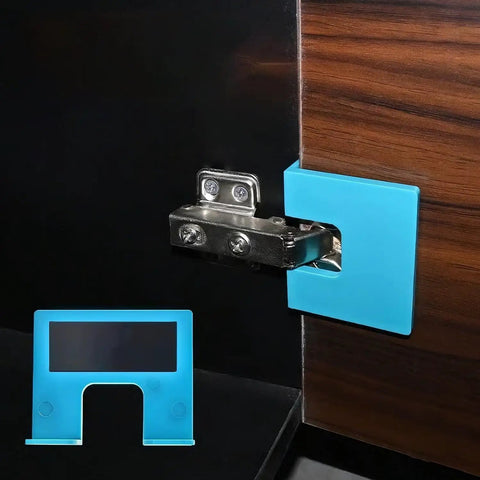 Magnetic Hinge Alignment Tool Set For Quick Door Installation And Precise Hinge Cutting, blue plastic jig on wood surface