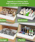 Heavy Duty Two Pack Expandable Pull Out Cabinet Organizer With Slick Full Extension Slides And No Sweat Adhesive Setup For Smooth Rolling Shelves That Handle Ninety Pounds In Clean White Finish, showcasing kitchen, bathroom, storage, and pantry use.