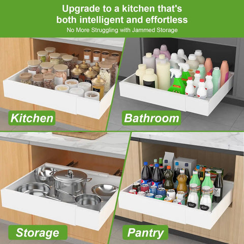 Heavy Duty Two Pack Expandable Pull Out Cabinet Organizer With Slick Full Extension Slides And No Sweat Adhesive Setup For Smooth Rolling Shelves That Handle Ninety Pounds In Clean White Finish, showcasing kitchen, bathroom, storage, and pantry use.