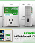 Heavy Duty Surge Protector For Refrigerator And Home Appliances 120V 20A 2400W Plug In Protector, front and side view with dimensions