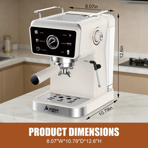 Smooth Semi Automatic Espresso Machine With 20 Bar Pressure And Built In Milk Steam Wand For Rich Crema Extraction Along With A 1.5L Removable Tank For Stress Free Daily Brewing Vibes, showing dimensions on countertop.