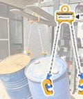 Heavy-Duty Drum Lifter For Forklift Crane With 2,200 Lbs Capacity And Rugged Steel Barrels Sling Chain featuring double hooks on barrels.
