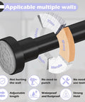 Heavy Duty Adjustable Tension Shower Curtain Rod In Matte Black No Drilling Easy Install Fits 18 To 49 Inches 1 Inch Diameter Anti Slip Strong Hold For Glass Tile Wood No Fuss shown gripping various wall types