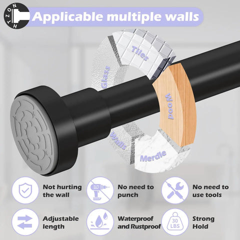 Heavy Duty Adjustable Tension Shower Curtain Rod In Matte Black No Drilling Easy Install Fits 18 To 49 Inches 1 Inch Diameter Anti Slip Strong Hold For Glass Tile Wood No Fuss shown gripping various wall types