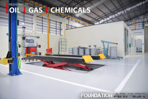 Straight Up Tough Matte Concrete Floor Coating For Garages Stops Oil Gas Grease And Tires Blocks Surface Dust Delivers Self Priming Heavy Duty Protection Three Gallon Complete Kit applied in a clean industrial garage.