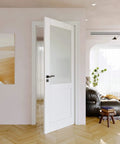 Dope 32x80 Solid Core Frosted Glass Interior French Door Slab installed in a modern living room, single panel.