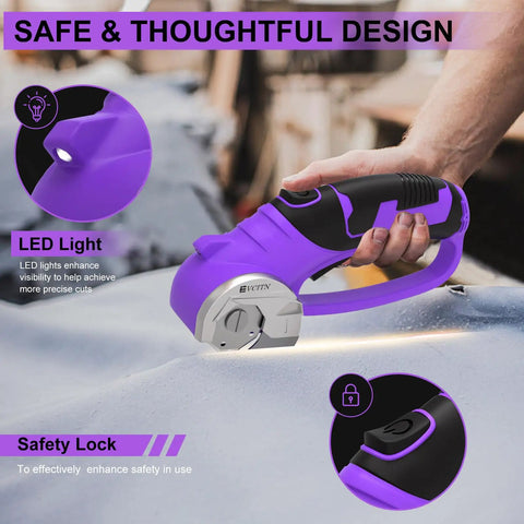 Heavy Duty Cordless Electric Scissors 4V Rechargeable Rotary Cutter with LED light and safety lock for precise fabric cuts.