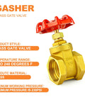 Beefy Brass Gate Valve One Half Inch With Wheel Handle For Water Oil Gas, showing red wheel handle and brass body, side view