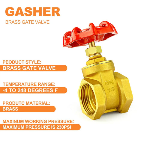 Beefy Brass Gate Valve One Half Inch With Wheel Handle For Water Oil Gas, showing red wheel handle and brass body, side view