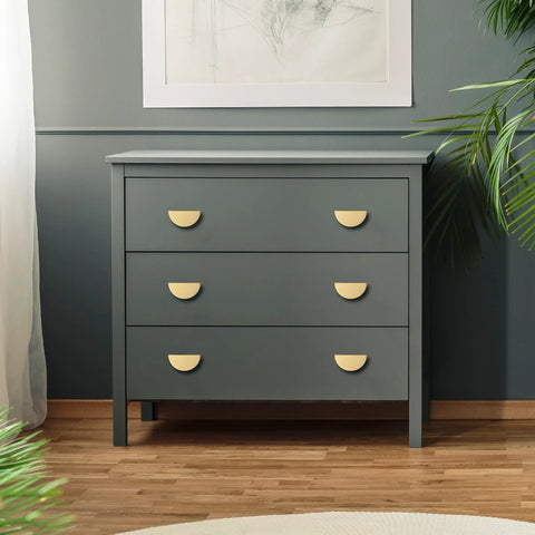 Dresser with Solid Brass Cabinet Pulls 5 Pack Gold Half Moon Drawer Handles For Kitchen Cabinets And Dressers, brushed brass finish.