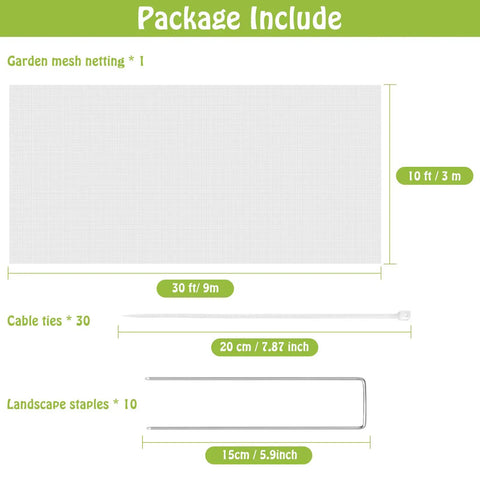 Package contents of Ultra Fine Garden Netting 10X30Ft Plant Barrier including 1 mesh, 30 cable ties, and 10 nails for garden use.