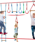 Children playing on 60ft Slackline Obstacle Course For Kids With 8 Accessories, Tree Protector And Carry Bag, Outdoor Zip Line Adventure