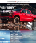 Red truck with 24 Pc OEM Style M14x1.5 Lug Nuts Set, fits Silverado 1500, Sierra 1500, Escalade, GM replacement, chrome finish.