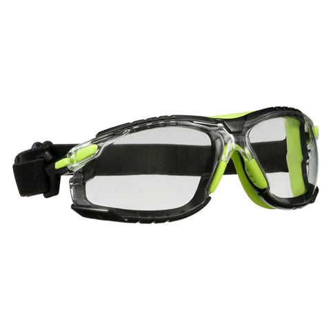 Solus 1000 Series Safety Glasses With Scotchgard No-Fog Coating, clear lenses, anti-scratch shield, TPE gasket, and elastic strap.