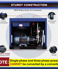 Industrial Grade 20 HP Rotary Screw Air Compressor Built To Last With 74 CFM At 125 PSI 230 Volt Three Phase No Frills Fixed Speed Heavy Duty Air System For Workshop Or Shop Use showcasing internal components