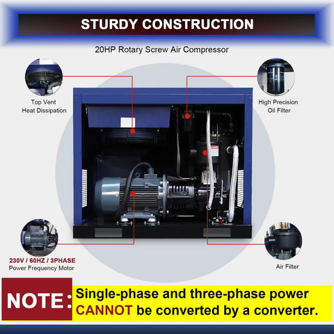 Solid 20 HP Rotary Screw Air Compressor Pump Providing A Heavy Duty 74 CFM At 125 PSI For Continuous Industrial Use. This Bad Boy Runs On 230V 3 Phase Power, Making It Perfect For Manufacturing Plants And Active Workshops That Need Reliable, High Volume